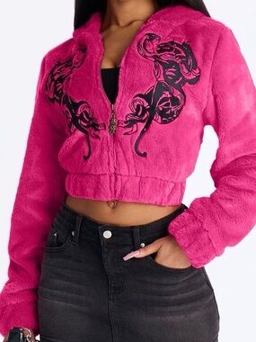 Ed Hardy Hot Pink Cropped Faux Fur Zip Jacket with Black Embroidered Design